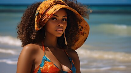 Beautiful Dominican woman at the beach, generative ai. - obrazy, fototapety, plakaty