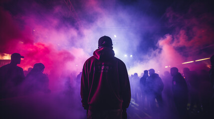 Man entering a nightclub with smoke and lights
