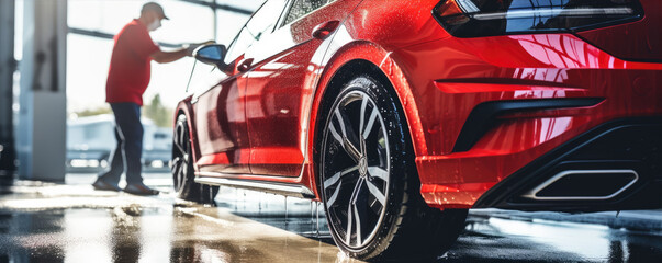 Automobile dealer washing a luxury car. Red car wash close up. copy space for text. - obrazy, fototapety, plakaty