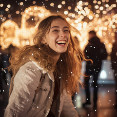 Smiling girl against the background of Christmas lights, festive mood, moment of happiness, where the girl enjoys the Christmas atmosphere with a smile on her face. Twinkling lights create a magical 