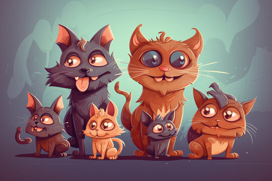 Illustration with a variety of cat characters, from playful to funny. Cats with different facial expressions, poses and pranks create a fun and picturesque picture