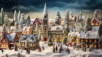 A Christmas village scene with a church town square