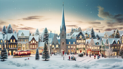 A Christmas village scene with a church town square