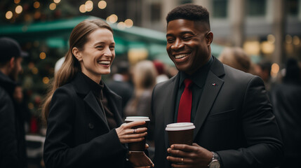 Man and woman drinking coffee on the street