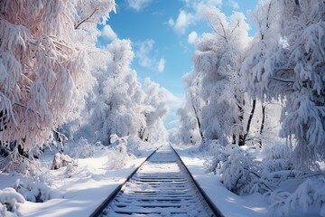 Railroad tracks in the forest covered with snow on a sunny winter day, Ai Generated