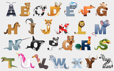Cartoon alphabet with animals and lettering. Vector illustration on white background.