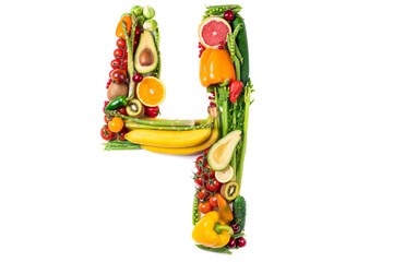 Number 4 made of healthy food. Healthy eating of vegetables, fruits and fish on white background....