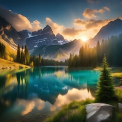 photograph of a majestic mountain range nestled in a deep canyon, landscape with lake and mountains,sunrise over the lake