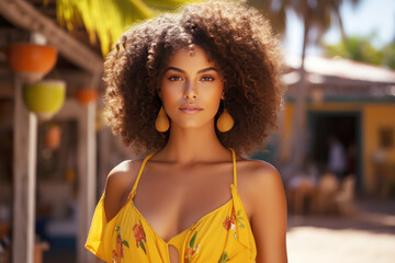 Afro-american woman model wearing a yellow sundress in outdoors