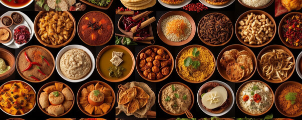 indian food collage assorted , chicken, Palak Paneer, Chiken Tikka, Biryani, 
Vegetable Curry, Papad, Dal, Palak Sabji, Jira Alu ,indian cuisine  - obrazy, fototapety, plakaty