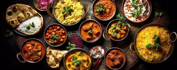 Foto op Plexiglas indian food collage assorted , chicken, Palak Paneer, Chiken Tikka, Biryani,  Vegetable Curry, Papad, Dal, Palak Sabji, Jira Alu ,indian cuisine  © ruslee
