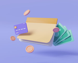 Bank account book with money and credit card. Passbook, saving money, payment online, financial business, business transaction. account and saving concept. coins, banking. 3d render illustration