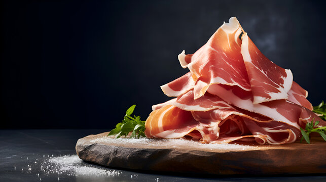 Prosciutto. Stack of Prosciutto ham slices on wooden board on dark background, copy space. Italian charcuteries board with cured meat delicacy on dark Backdrop. Italian appetizer