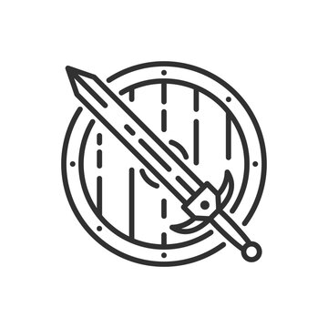 Sword and wooden shield, linear icon. Line with editable stroke