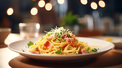 Traditional pasta Carbonara. Italian cuisine, Spaghetti Carbonara with Bacon Toppings. Carbonara with pancetta, parmesan and creamy sauce of egg yolks on a restaurant table. European food - obrazy, fototapety, plakaty