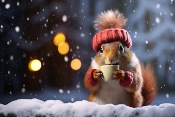 Cheerful squirrel drinks warm cocoa in forest against backdrop of lights - obrazy, fototapety, plakaty