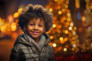 Black kid in front of christmas tree,54