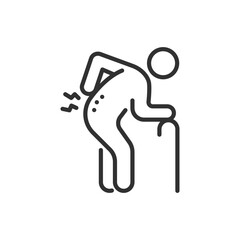 The old person will experience back pain, linear icon, spinal pain, herniated discs. Line with editable stroke