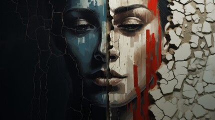 Portrait artwork of woman because of rotten and rust peeling paint