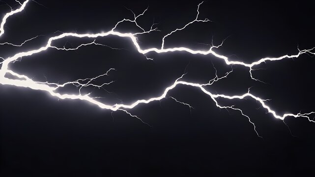lightning in the night sky  A bright white electricity lightning flash thunder isolated on a dark black background,  