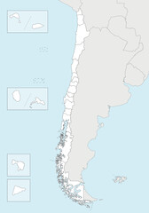 Vector blank map of Chile with regions and territories and administrative divisions, and neighbouring countries and territories. Editable and clearly labeled layers.
