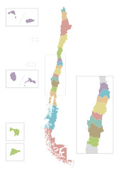 Vector blank map of Chile with regions and territories and administrative divisions. Editable and clearly labeled layers.