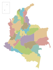 Vector blank map of Colombia with departments, capital region and administrative divisions. Editable and clearly labeled layers.