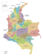Vector map of Colombia with departments, capital region and administrative divisions. Editable and clearly labeled layers.