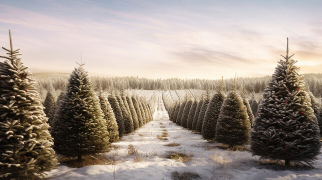 A Christmas tree farm with rows of trees and snow