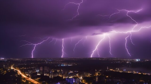 lightning over the city lightning storm over city purple light