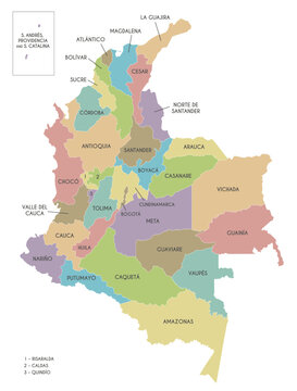 Vector map of Colombia with departments, capital region and administrative divisions. Editable and clearly labeled layers.