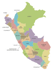 Vector map of Peru with departments, provinces and administrative divisions. Editable and clearly labeled layers.