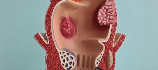 Anatomical model of rectum with hemorrhoids closeup