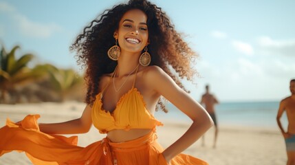Beautiful Dominican Woman happy dancing at the beach, generative ai - obrazy, fototapety, plakaty