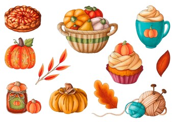 autumn clipart, autumn watercolor set, pumpkins and leaves 