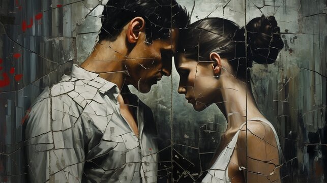 Portrait artwork of man and woman because of rotten and rust peeling paint in romantic scene