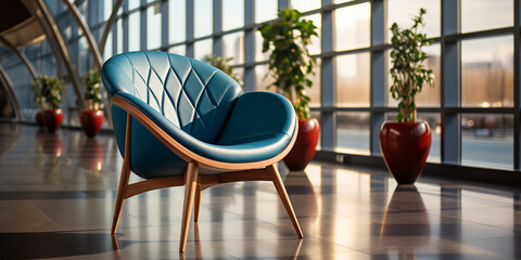 Leder Stuhl blau im modernen Retro Stil in ausgefallener schicker designer Form Querformat für Banner, ai generativ - obrazy, fototapety, plakaty