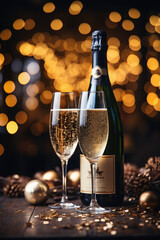 Two champagne glasses ready to bring in the New Year with bokeh background.