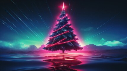 Generative AI, Christmas tree in cyberpunk style, futuristic nostalgic 80s, 90s. Neon lights vibrant colors.