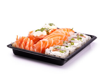 sushi delivery tray isolated on white background close-up front