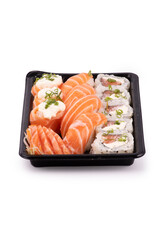 sushi delivery tray isolated on white background close up portrait