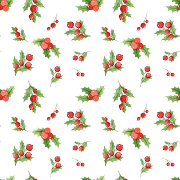 Christmas seamless pattern with red holly berries and green leaves watercolor hand drawn elements
