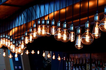 Brightly burning incandescent lamps of different shapes, wine bar design