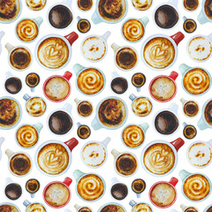 Love coffee seamless watercolor pattern with cups and mugs of hot drink.