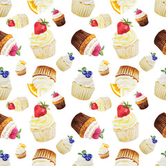 Watercolor seamless pattern of sweet cupcakes with fruits. Cliparts isolated for different cafe menu or food designs