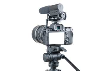 Photo, video camera with microphone. Digital or Dslr camera on tripod. Photographer or videographer studio for recording film project. Professional blogger, television equipment. Camera, display, lens