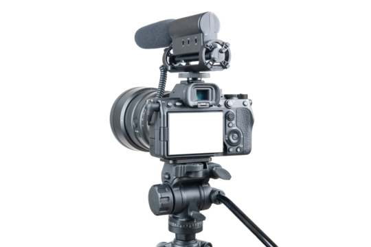 Photo, video camera with microphone. Digital or Dslr camera on tripod. Photographer or videographer studio for recording film project. Professional blogger, television equipment. Camera, display, lens
