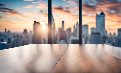 Empty office table with skyline window backdrop