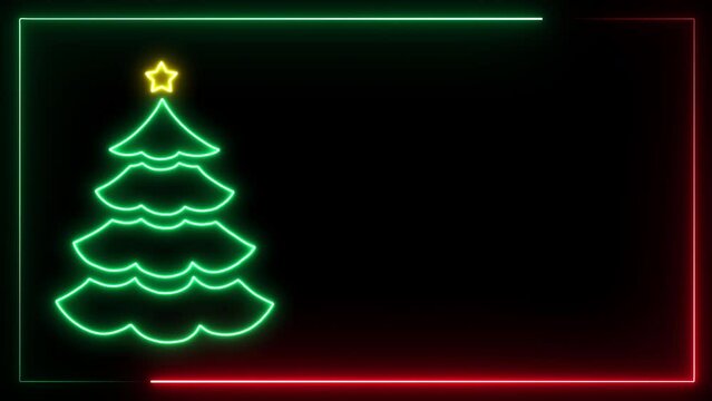 Loop Glowing Neon Christmas Tree on Black Background. Neon illuminated Christmas loop background. New year and Holiday modern  celebration card template Neon glowing lights motion design