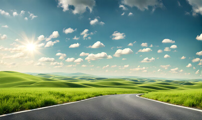 Fototapeta premium Scenic landscape with lush green field and road